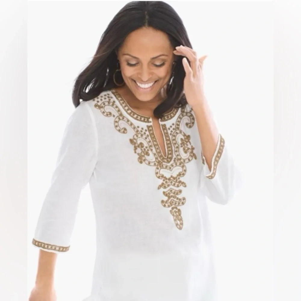 Chicos Embellished 100% Linen Tunic, 1, Bronze Beaded, White, Beachy Coastal